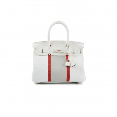 HERMES MASTER BIRKIN 30 TOGO LEATHER WHITE AND PEARL GREY LIZARD LEATHER HANDBAG 6566521503 (30*23*15cm)